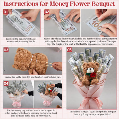 Mimorou DIY Money Bouquet Kit with Teddy Bear, Graduation 2026 Gift, Cash Flower Bouquet Wrapping Set for Birthday, Anniversary Present for Wife Grandma(Floral Bear,Pink Gold)