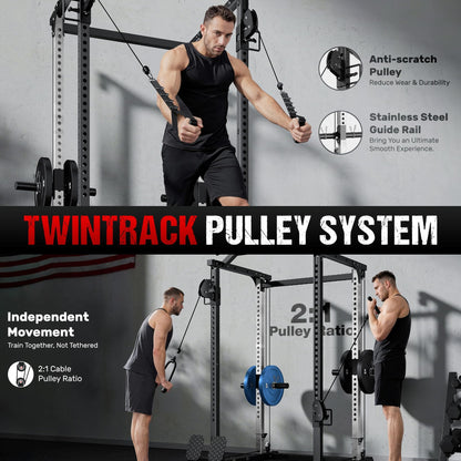 GOIMU DP01 Power Cage, 2000LBS Squat Rack with with Cable Crossover and Dual Independent Pulley System, Full Cage for Full Body Training, Power Rack with More Training Attachments for Home Gym(BK-Pro)