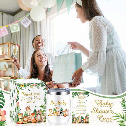 Hoolerry 6 Set Baby Shower Game Prizes for Guests Winners 12 oz Insulated Stainless Steel Tumbler Cup with Lids, Straws, Cleaning Brush, Cards & Boxes Return Gifts(Green,Safari Animals)