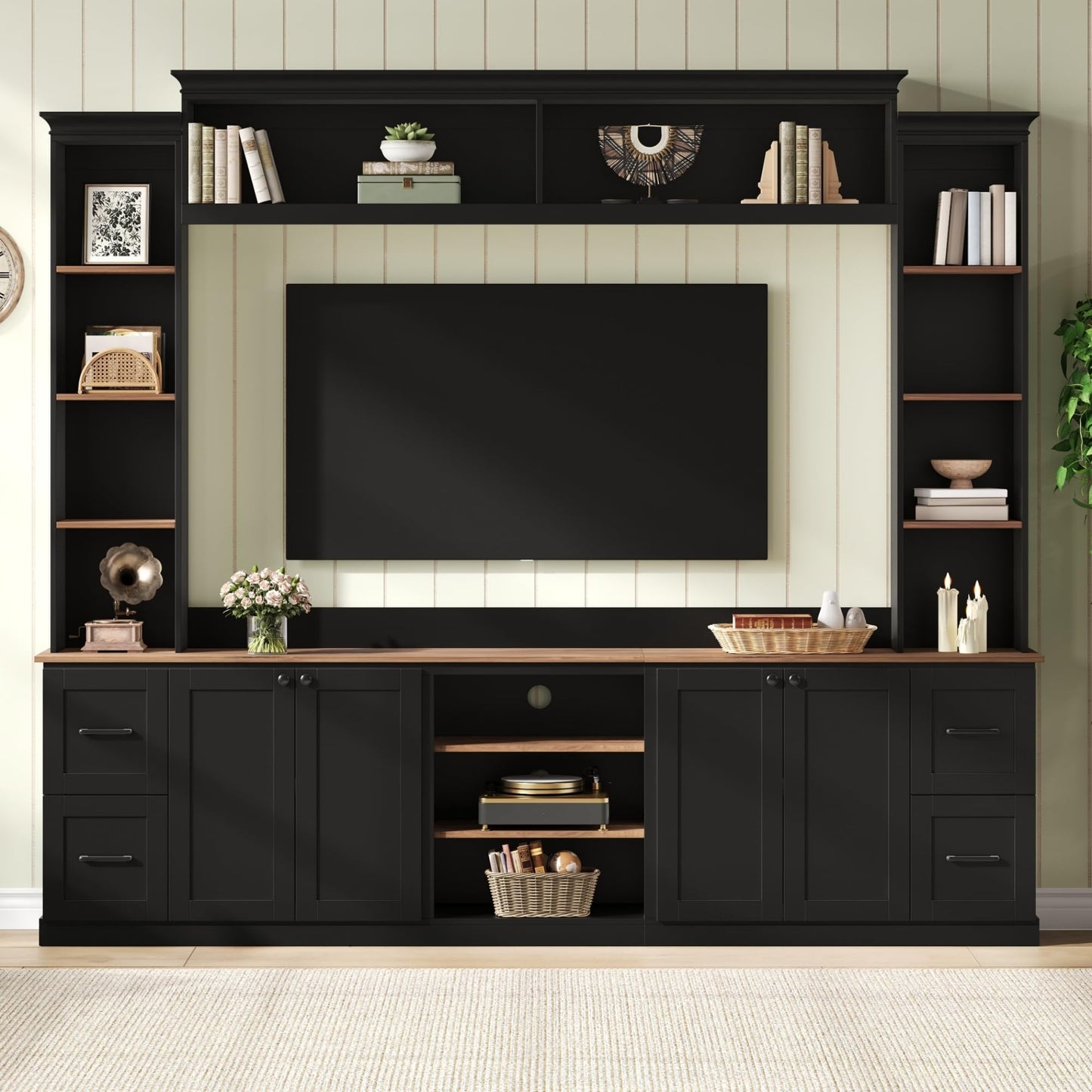 Ball & Cast 94.8" Entertainment Center Wall Unit with Bookshelf for TVs Up to 70",Farmhouse Large TV Stand with Walnut Adjustable Shelves,Retro Media Console with 4 Drawers for Living Room,Black