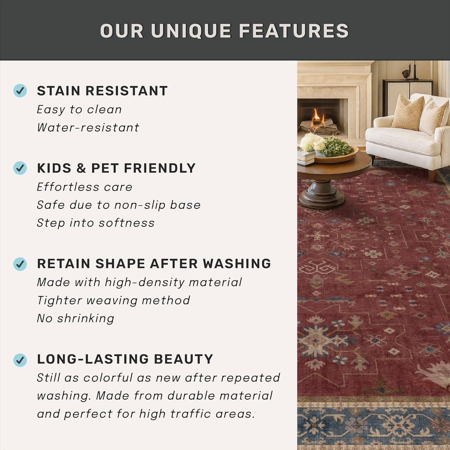 Turkish Kitchen Runner Rugs - Non-Skid Washable Design | Dark Red 2x6 for Hallway & Bathroom
