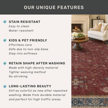 Turkish Kitchen Runner Rugs - Non-Skid Washable Design | Dark Red 2x6 for Hallway & Bathroom