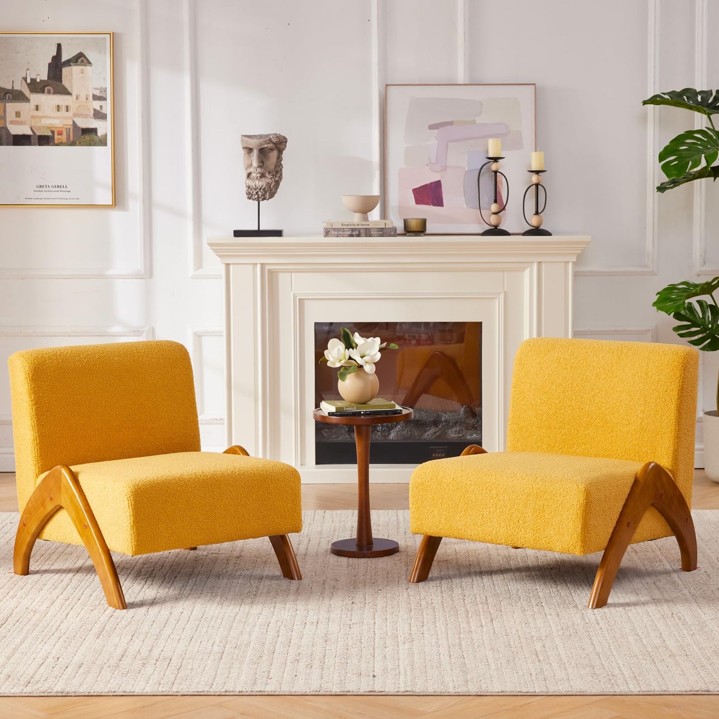 MILCIL Oversized Accent Chair, upholstered armless mid Century Modern Living Room Chair with Wooden Legs for Bedroom/Office/Cafe, Sherpa Yellow