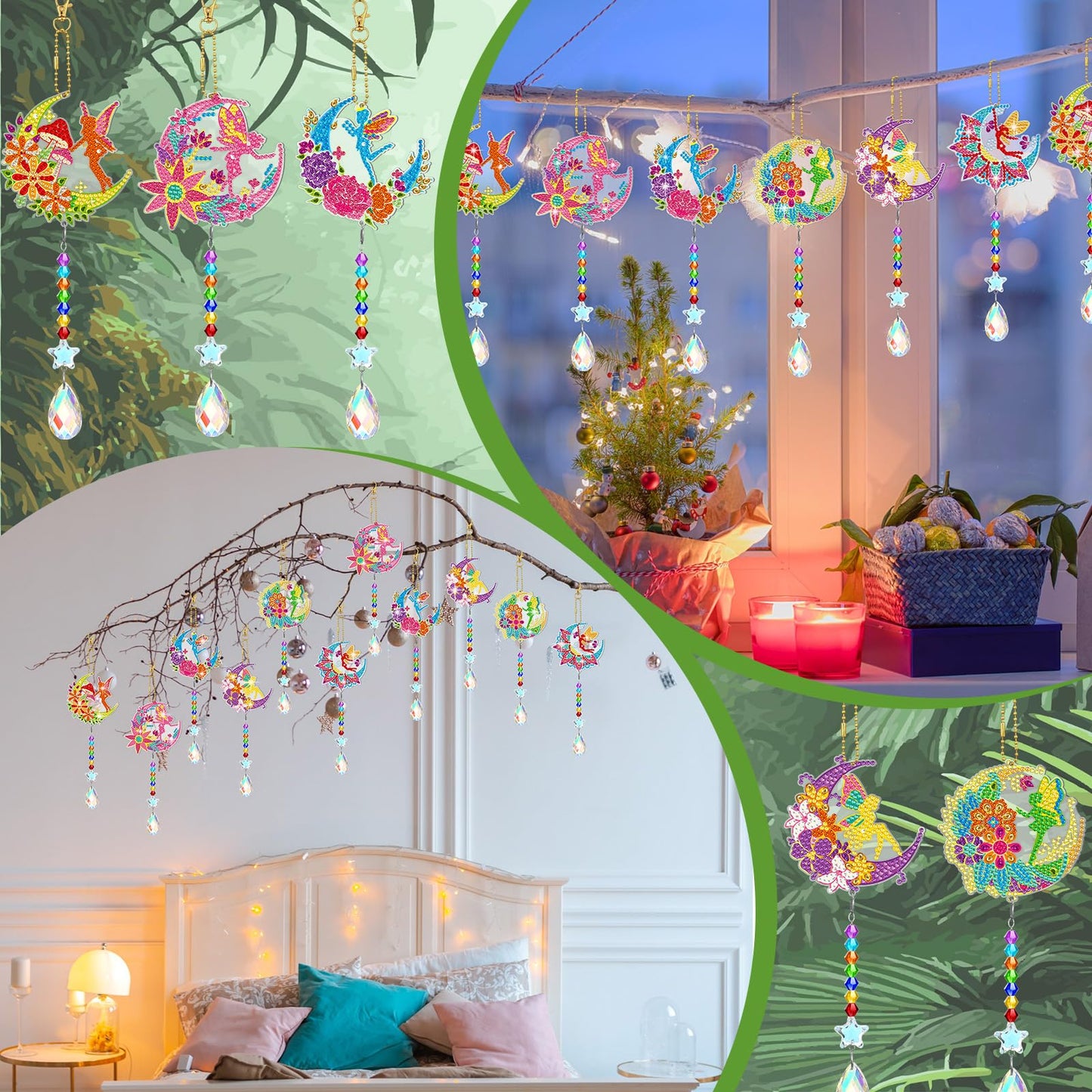 Tradder 6 Pcs Diamond Painting Wind Chimes Spring Diamond Painting Kit Double Sided Elf Ornaments with Crystal Pendant 5D Diamond Art for Spring Home Garden Hanging Ornament