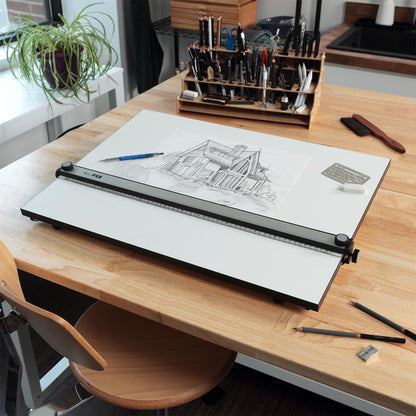 Acurit PXB 24” x 36” Drawing Board for Artists and Designers - Portable Workspace for Drawing, Sketching, Drafting, Painting - Fixed Angled Laminated Surface with Ruler and Parallel Motion Bar