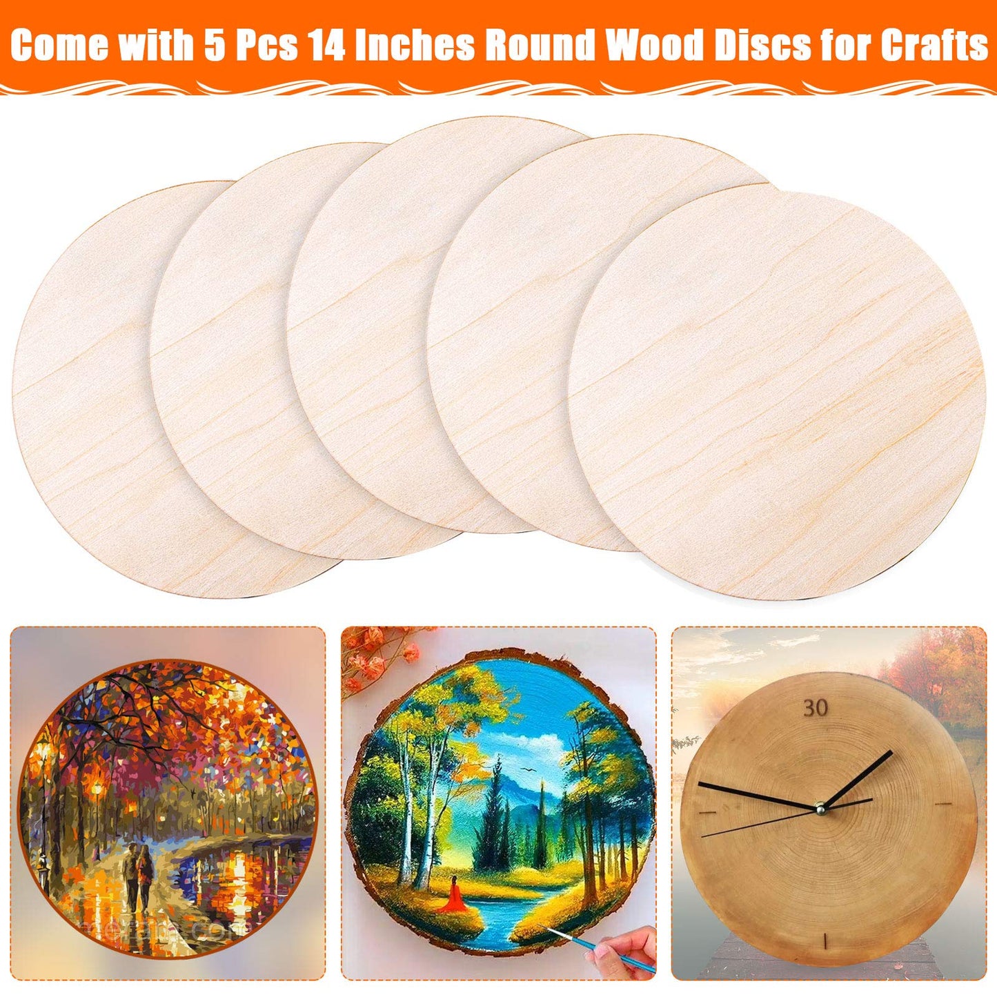 Audab 5 Pack 14 Inch Wood Circles Unfinished Rounds for Crafts, Door Hanger, Door Design, Wood Burning