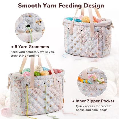 MYBAGZING Portable Crochet Bag Organizer with Crochet Hook Organizer Roll, Quilted Yarn Storage Tote with Grommets, Knitting Project Bag for Yarn & Accessories, Floral Craft Tote Gift for Crocheters