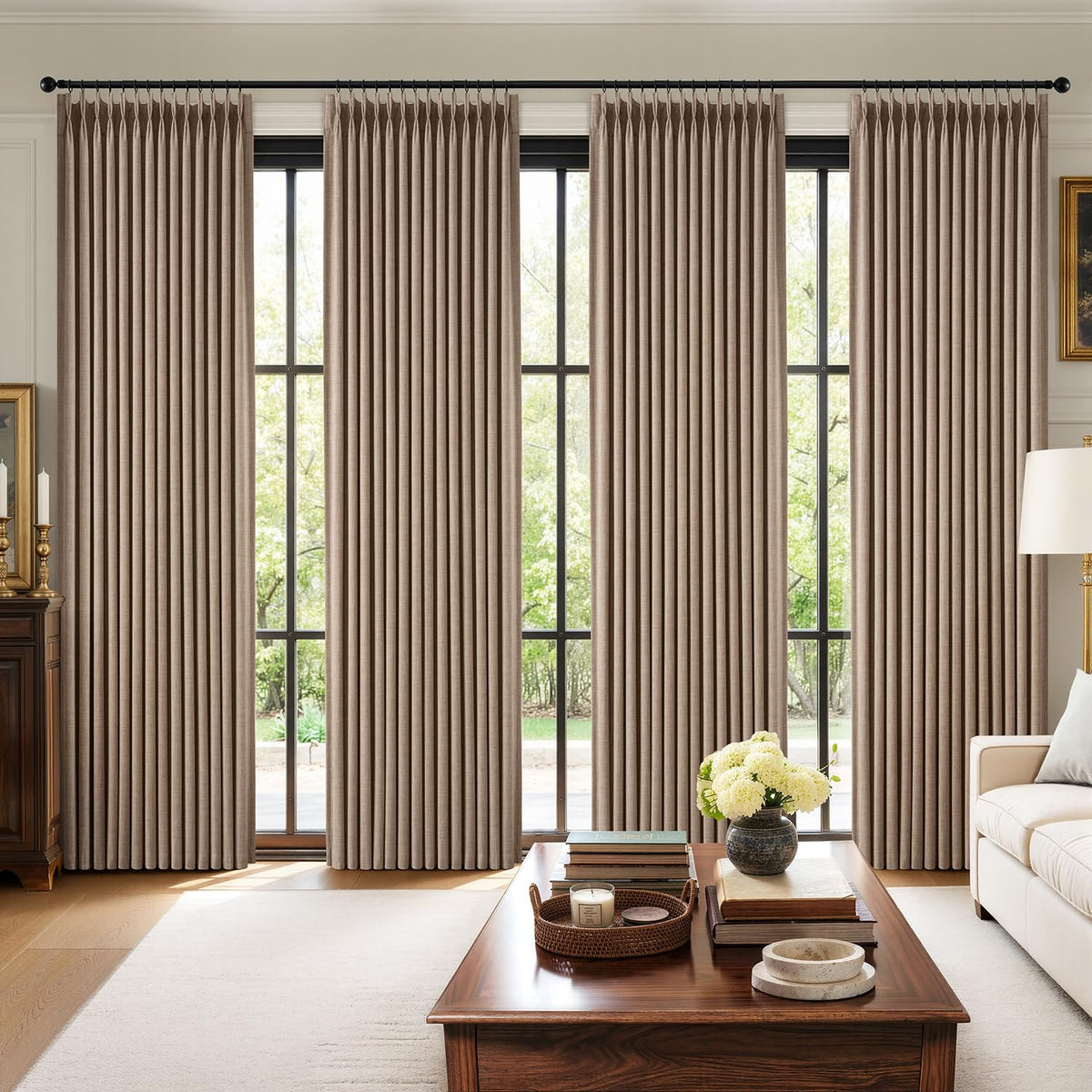 MIULEE Pinch Pleated 100% Blackout Curtains 108 Inch Long 4 Panel Set for Bedroom Thick Linen Memory Trained Pleat Living Room Darkening Back Tab Double Layer Thermal Insulated Drapes, Linen