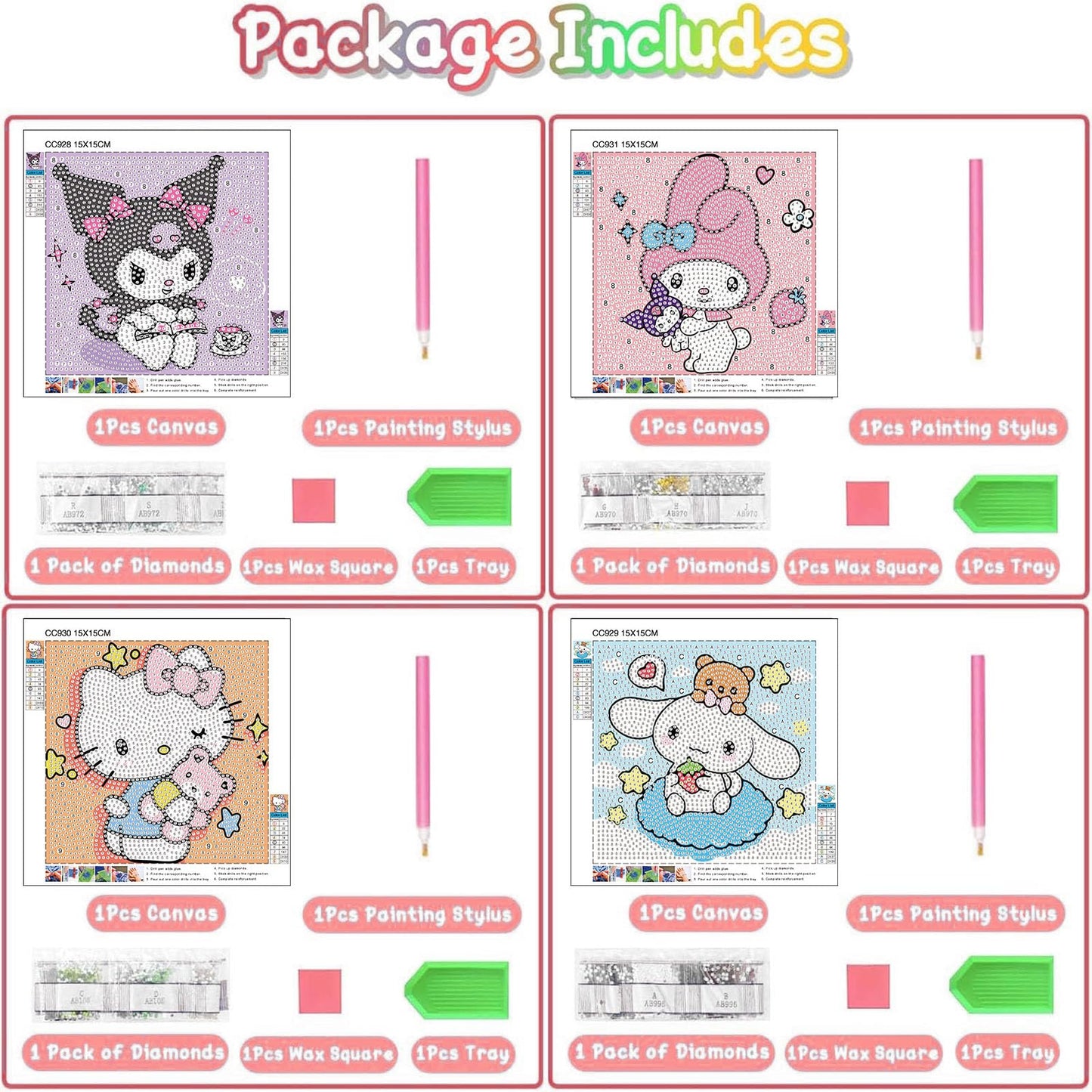 Sretoul 4 Pack Cartoon Diamond Art Kits for Kids - Kid Diamond Art Painting Kit Cartoon, Cute Gem Arts for Kids Ages 4 6 8 12, DIY Crystal Gem Kits for Children Girls Boys Gifts (6x6 inch)