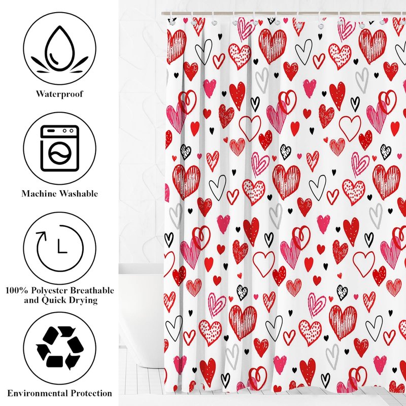 Mocsicka Valentines Shower Curtain Set for Bathroom, 4Pcs Doodle Style Red Heart Valentine Bathroom Sets with Non Slip Rugs, Toilet Lid Cover, Bath Mat, Shower Curtain, Bathroom Decor with 12 Hooks