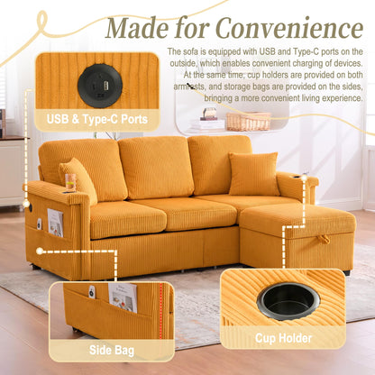 KEIKI 76" L-Shaped Modular Corduroy Sectional Sofa with Pull-Out Bed & 1 Movable Storage Ottoman & 2 Cup Holder & USB, Convertible 4-Seater Sleeper Couch Bed, Easy Assembly, for Living Room, Yellow