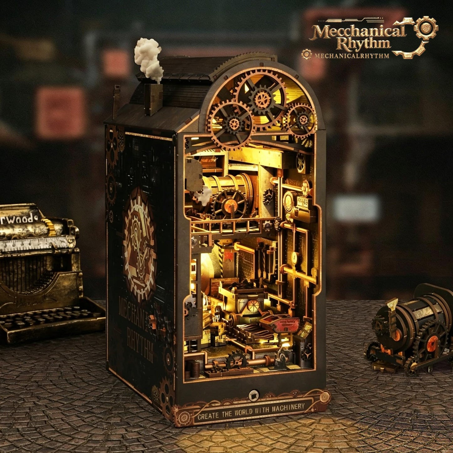 DGRENA Book Nook DIY Miniature House Kit, Steampunk Industrial 3D Wooden Puzzle Bookend with Touch LED Lights, Rotating Gears Mechanical Bookshelf Insert Decor Crafts for Adults Teens Gift