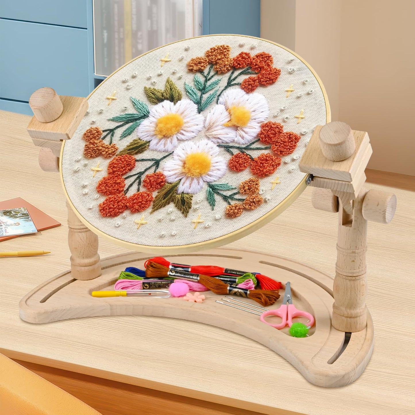 Embroidery Hoop Stand Adjustable - 360°Rotated Embroidery Frame Stand, Cross Stitch Stand, Beech Wood Embroidery Hoop Holder, Embroidery Stands for Hand Work Art Craft