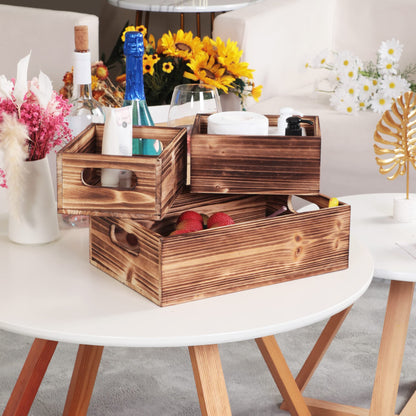 PHOENANCEE Wooden Crate Stackable Decorative Wood Crates set of 3 for Storage Display Rustic Nesting Box Basket Home Decoration Boxes Container Bin with Handles Farmhouse Decor,Solid Pine,L+M+S