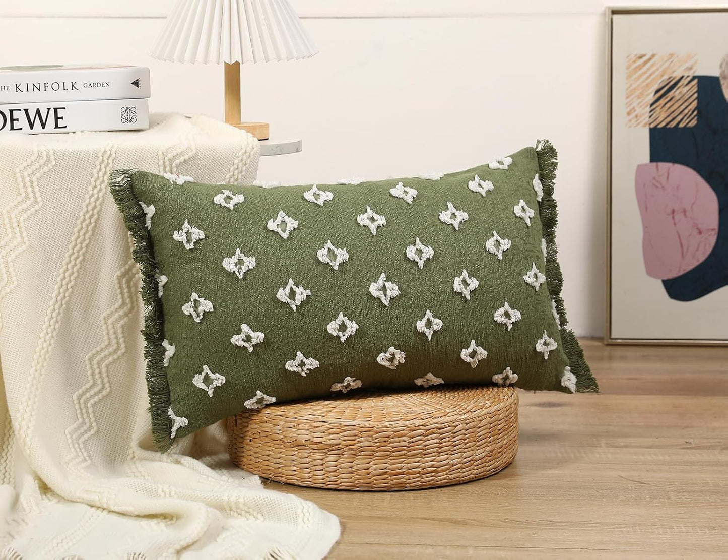 12x24 Tassel,3D Boho Long Lumbar Pillow Cover with Flower Patterned Cotton Decorative Long Lumbar Pillow Cover Pillow