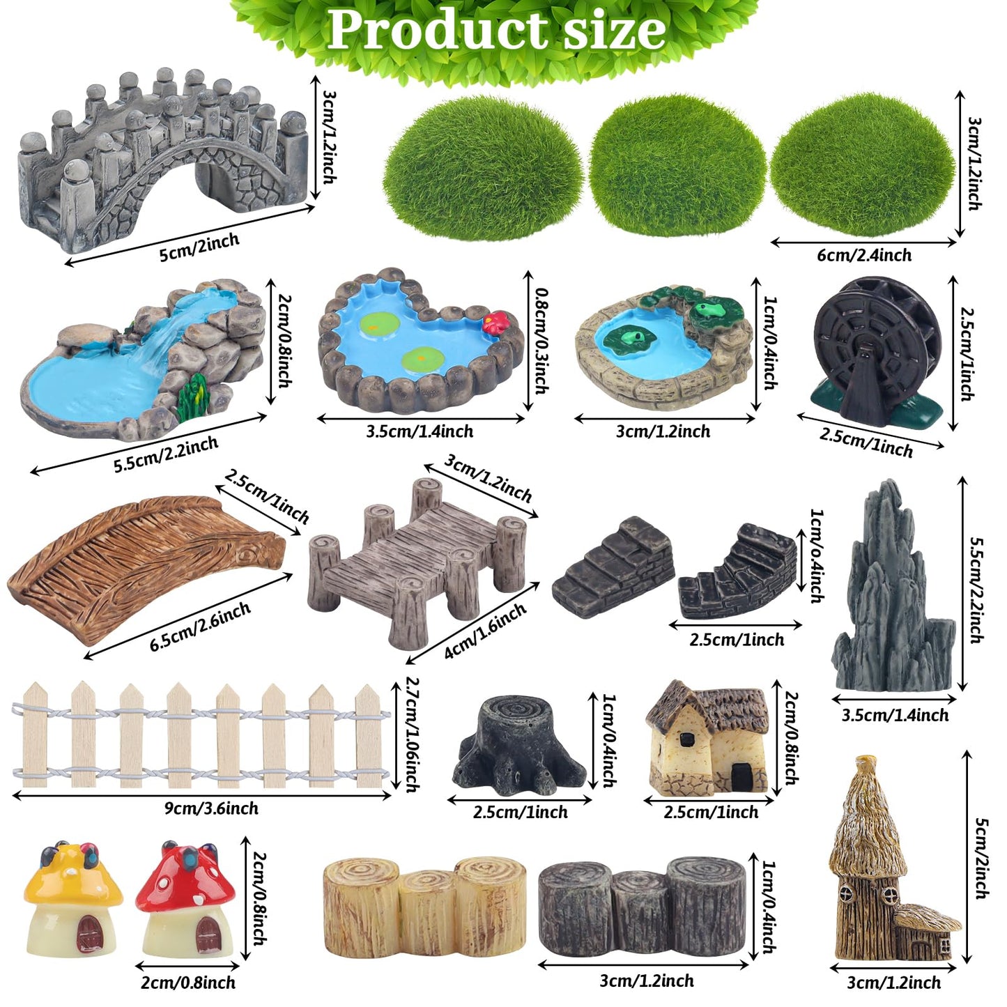 QUOZUO 21 Pcs Fairy Garden Miniatures Accessories Bridge House Landscape Water Well Fence Figurines Pond Mushroom Lawn Garden Ornament for DIY Craft Succulent Decor