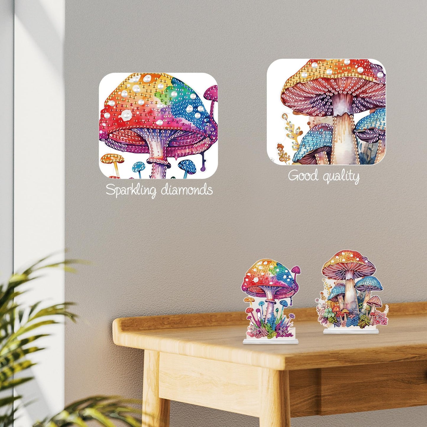 antor 2 Pcs Mushroom Diamond Art Tabletop Ornaments, 5D Acrylic Crystal Diamond Painting Desktop Kits for Adults, DIY Special Shaped Diamond Art Desk Decorations for Home Office, Desktop Crafts Gifts