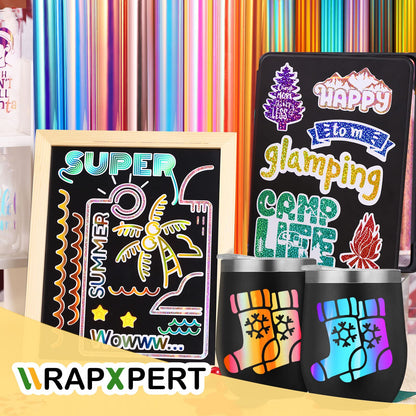 WRAPXPERT Holographic Permanent Vinyl Adhesive 35 Sheets Bundle-24 Vinyl Sheets 12"x12" & 6 Grid Transfer Paper & 5 Vinyl Layer Ppaer Compatible with All Crafters