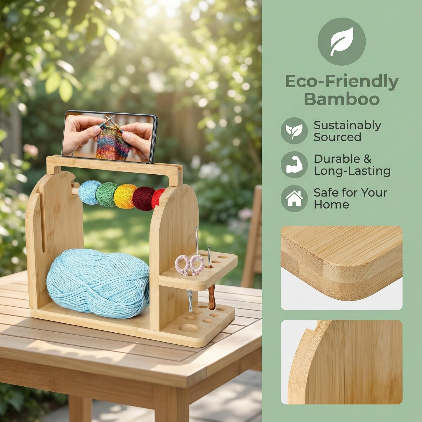 Wooden Yarn Holder with Phone Stand & Handy Tool Slot – Portable Yarn Spinner and Detachable Organizer Box for Crocheting, Knitting Projects and Yarn Storage