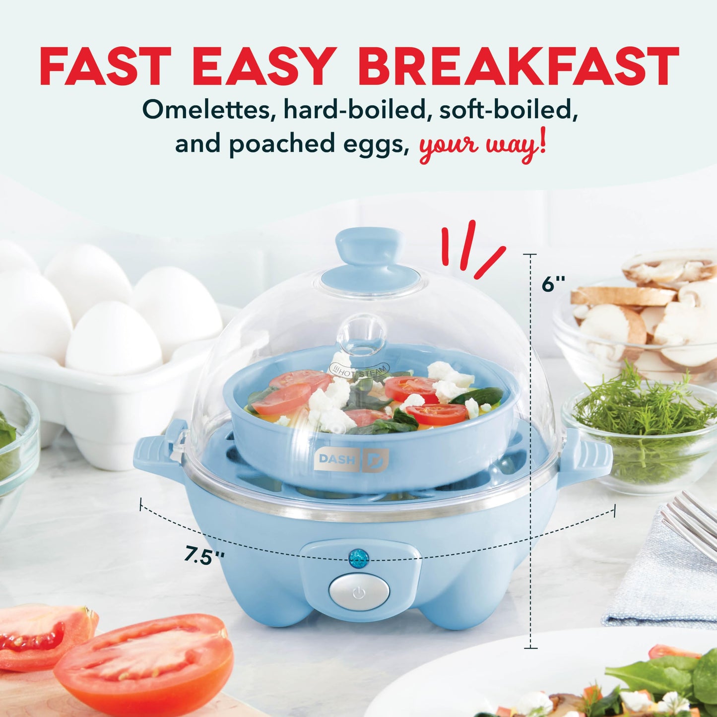 DASH Rapid Egg Cooker: 6 Egg Capacity Electric Egg Cooker for Hard Boiled Eggs, Poached Eggs, Scrambled Eggs, or Omelets with Auto Shut Off Feature - Aqua, 5.5 Inch (DEC005AQ)