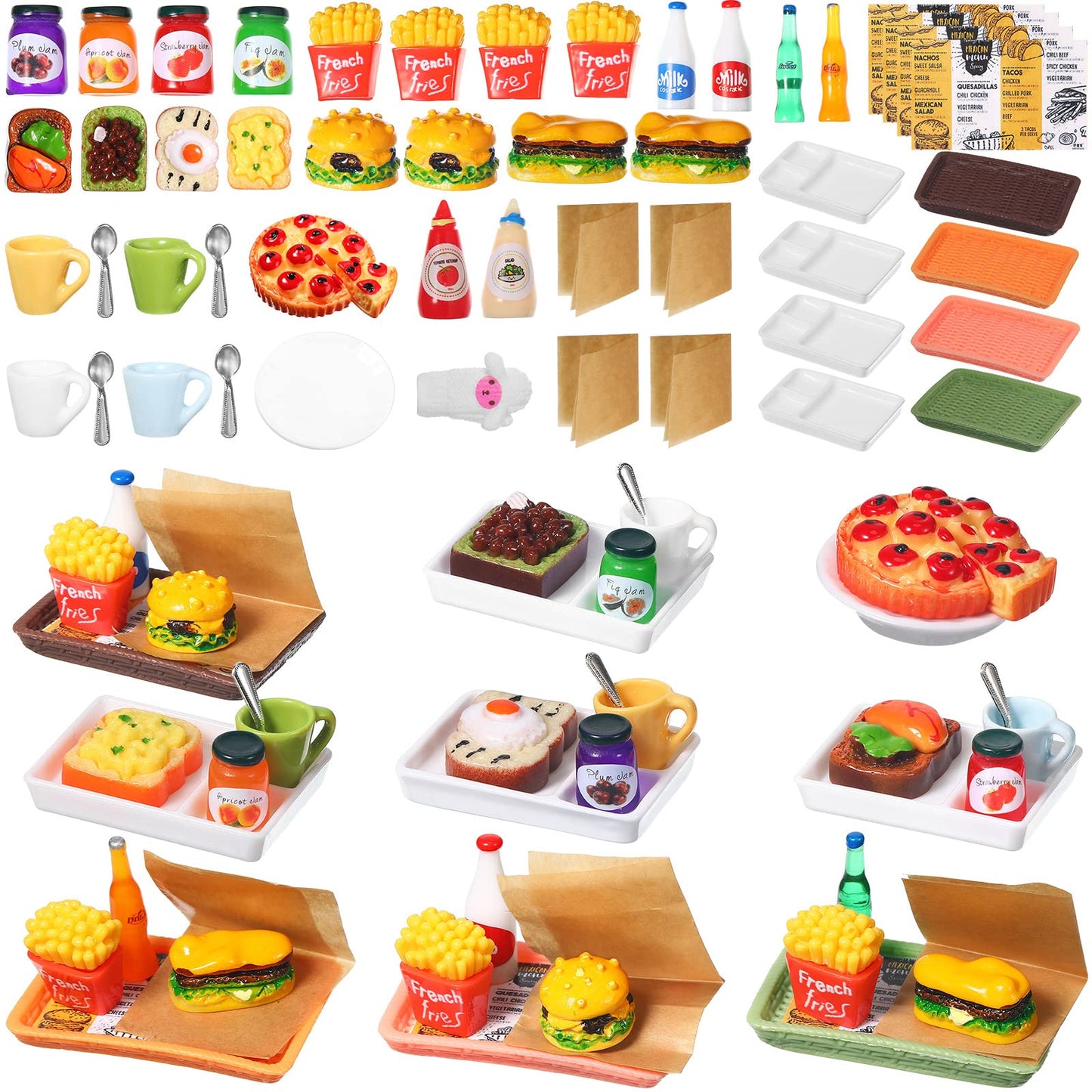 Civaner 50 Pieces Dollhouse Miniature Fast Food Accessories Set Christmas Mini Food Mixed Resin Drink Mini Hamburger Fries Juice Milk Bread Jam Cup Doll Kitchen Pretend for 1:12 Dollhouse