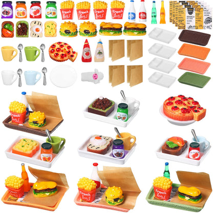 Civaner 50 Pieces Dollhouse Miniature Fast Food Accessories Set Christmas Mini Food Mixed Resin Drink Mini Hamburger Fries Juice Milk Bread Jam Cup Doll Kitchen Pretend for 1:12 Dollhouse