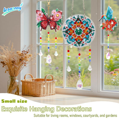 Lesaonsy 3 Pcs Diamond Art Kits, Arts & Crafts, Double-Sided Gem Art Set Diamond Painting Suncatcher Craft Kit Crystal Window Garden Decor Set (Orange-red Hummingbird Butterfly Mandala)