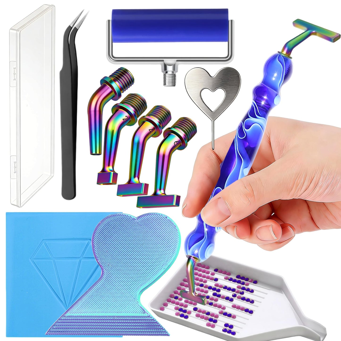 Diamond Painting Art Drill Bead Dot Pen Kit with Ergonomic 45° Screw Metal Tips Nibs Placers Roller Tool Accessories, Diamond Art Putty, Diamond Painting Tray, Tweezer (Dark Blue 1246 Beads)