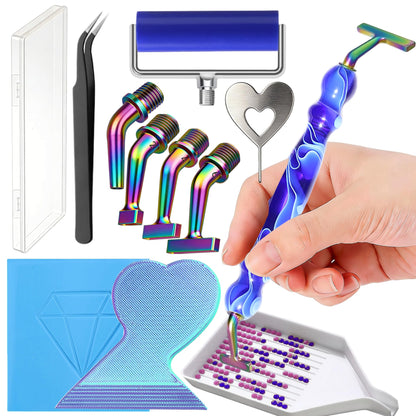 Diamond Painting Art Drill Bead Dot Pen Kit with Ergonomic 45° Screw Metal Tips Nibs Placers Roller Tool Accessories, Diamond Art Putty, Diamond Painting Tray, Tweezer (Dark Blue 1246 Beads)