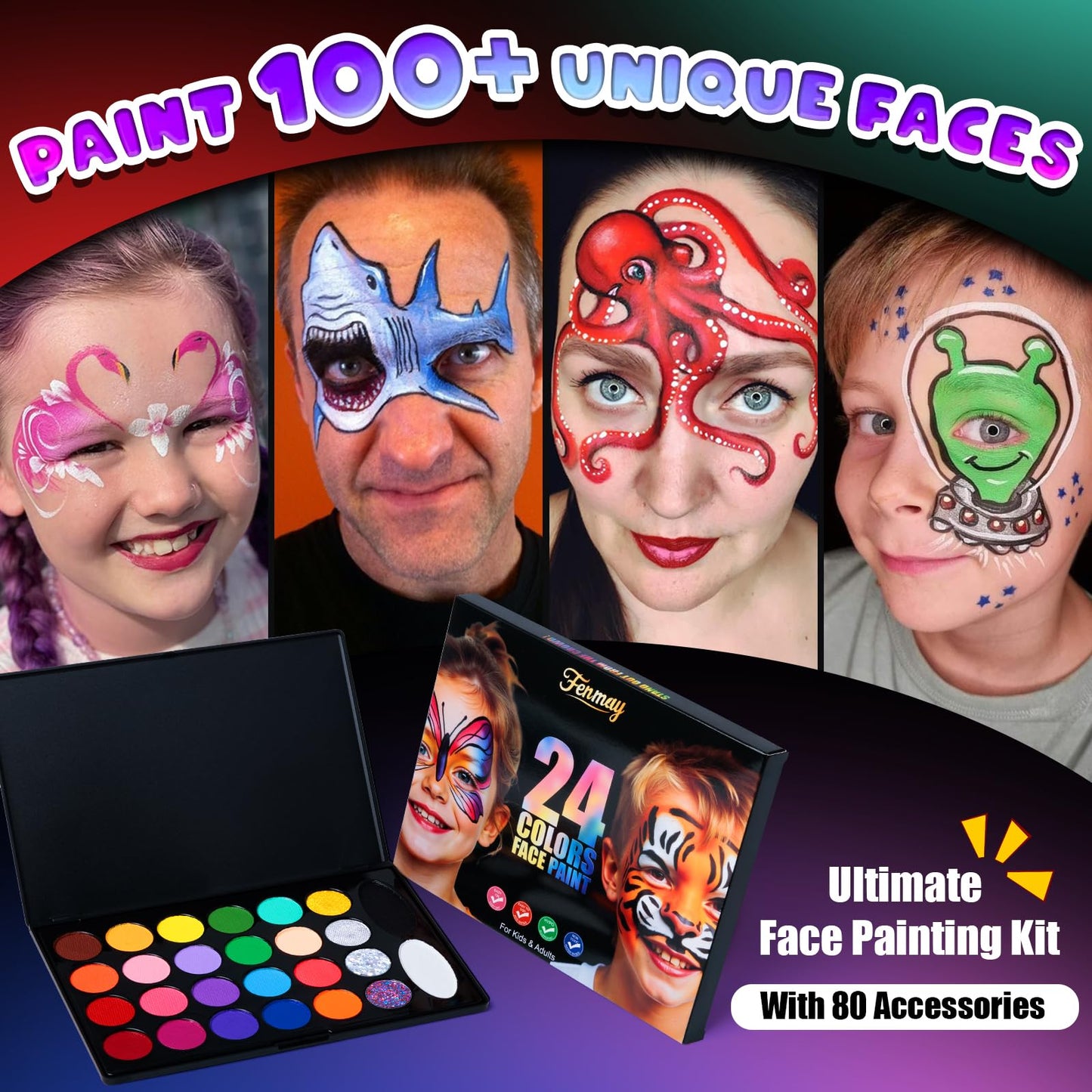 Fenmay Face Painting Kit for Kids, Non-Toxic and Hypoallergenic Face Paint Makeup Kit| with Stencils, Book, Easy to Use and Safe for Kids, Fun for Halloween, Birthday Party, School Event