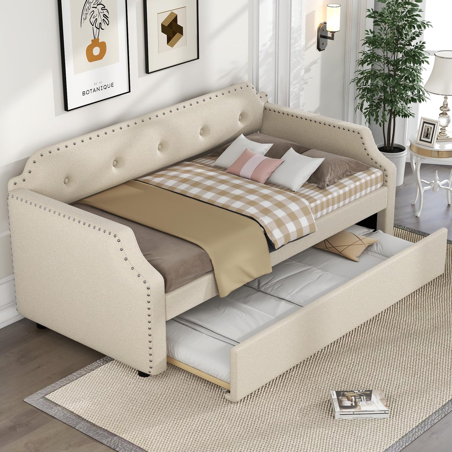 Twin Size Daybed with Trundle, Upholstered daybed Frame with Button Tufted and Nailtrim on Arms, Wood Sofa Bed with Trundle Bed and Caster Design for Living Room, Bedroom, Guest Room, Beige.