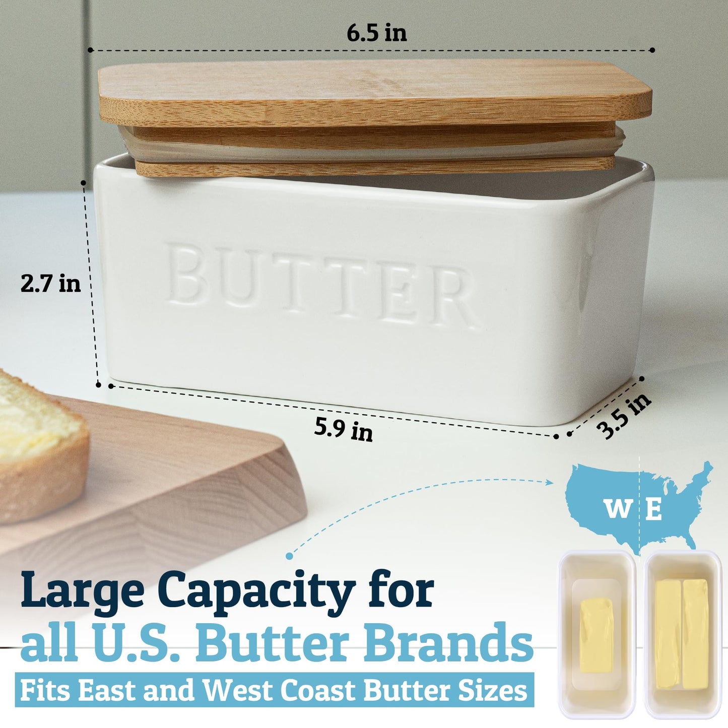 PriorityChef Extra Large Butter Dish with Lid for Countertop, Ceramic Butter Container With Airtight Cover, Butter Keeper for Counter or Fridge, Butter Holder Storage, White