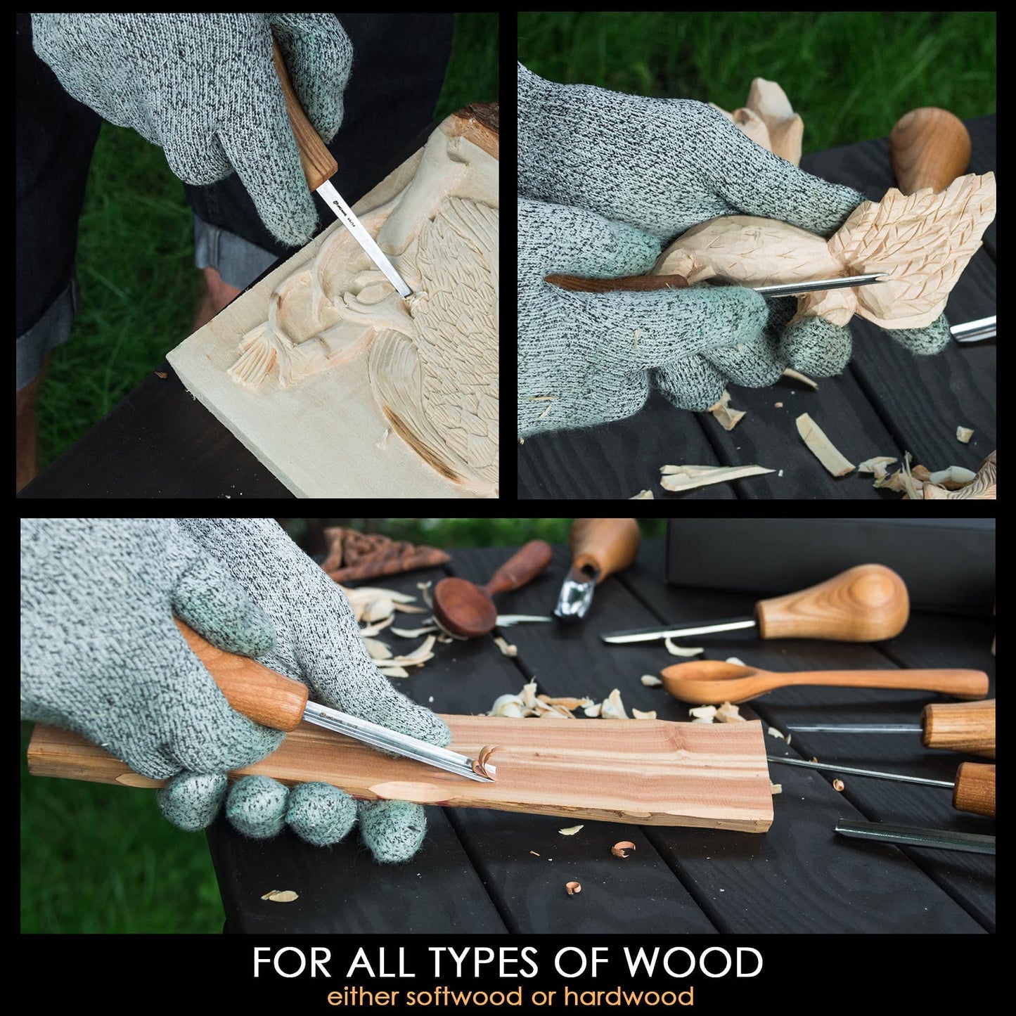 BeaverCraft Wood Carving Gouges Kit SC05 - Wood Carving Chisels Set with Palm Gouge & Flat Straight Chisel, Rounded Short Bent, V-chisels - Whittling Knives, Tools for Beginners and Profi Carvers