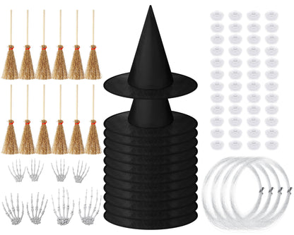 Wavwavw 32 Pcs Halloween Hanging Decorations Set, Floating Witch Brooms Witch Hat Skeleton Hands Wizard Straw Broom Accessories for Party Favors Birthday DIY Crafts