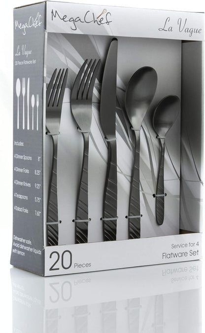 MegaChef La Vague 20 Piece Flatware Utensil Set, Stainless Steel Silverware Metal Service for 4 in Matte Black