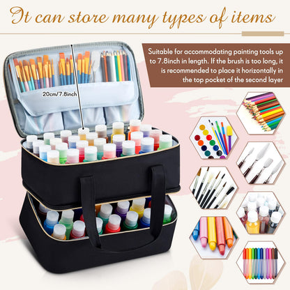 Abbylike Acrylic Paint Organizer Case for up to 56 Bottles (2 Oz) Double Layer Art Supply Storage Bag Alcohol Ink Storage Paint Carry Case with Foam Insert and Inner Pocket(Black)