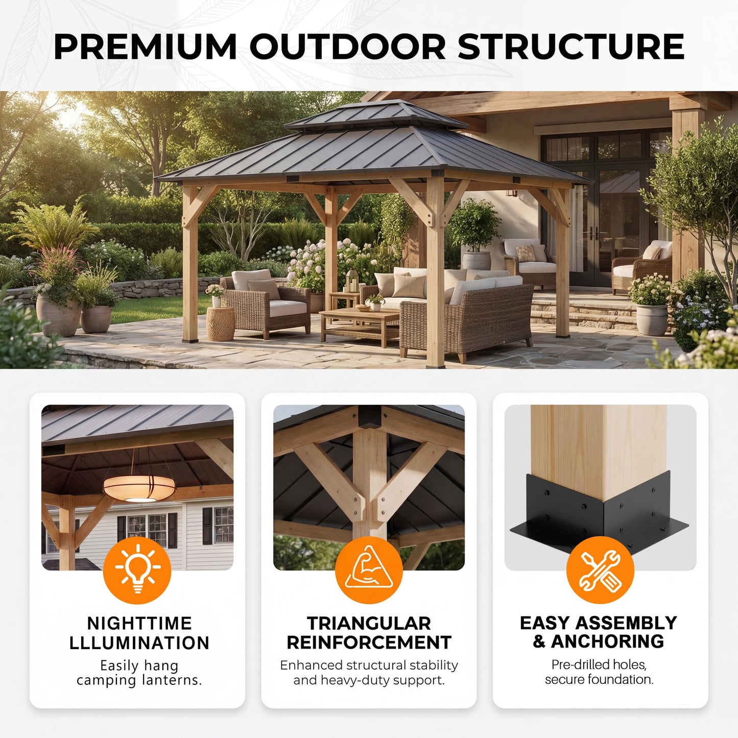 Devoko 10' x 12' Outdoor Wood Gazebo,Metal Hardtop Gazebo,Color DIY Permanent Pavilion with Galvanized Steel Double Roof for Backyard, Garden(Windproof, Snow-Load Bearing, Waterproof, Rustproof)