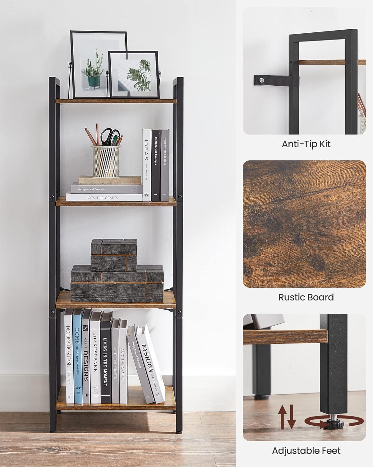 VASAGLE 4-Tier Tall Bookshelf, Industrial Style Bookcase with Steel Frame for Living Room, Home Office, Rustic Brown