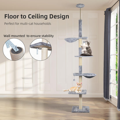Roypet Adjustable 93"-116" Tall Cat Climbing Tree 5-Tier Kitty Activity Center Floor-to-Ceiling Climber Toy with Hanging Hammock and Scratching Posts Cat Furniture,Grey