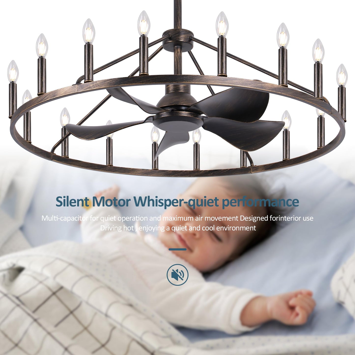 COCOSTAR 44" Antique Bronze Wagon Wheel Chandelier Farmhouse Ceiling Fan with Light and Remote,16-Lights Large Fandelier with Candle,Rustic Big Light Fixture for Living Room Kichen Dining Room