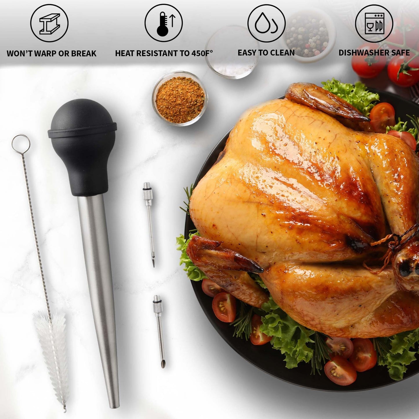 Zulay Kitchen Stainless Steel Turkey Baster for Cooking - Food Grade Metal Baster Syringe & Silicone Suction Bulb - Large Size With 2 Detachable Needles and Cleaning Brush