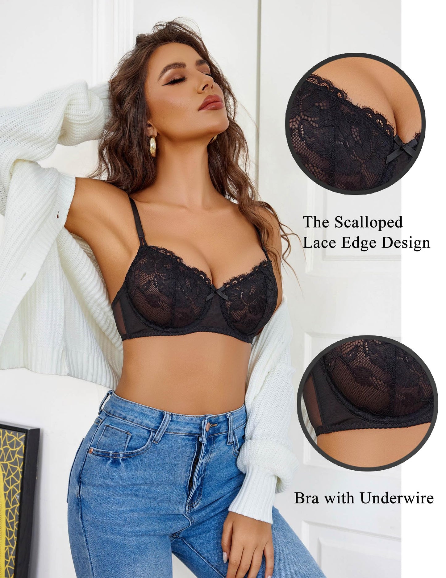 Avidlove Women's Sexy Lace Bra Sheer Balconette Underwire Unlined Everyday Bras Lingerie