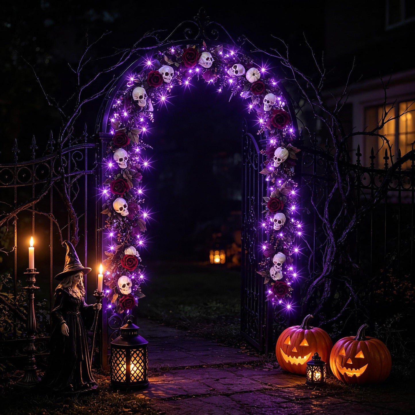 HipTree 6ft Gothic Halloween Garland with Lights, Spooky Eucalyptus Fall Decor with Skulls, Burgundy Roses & White Pumpkins, Battery Timer for Mantle Fireplace Staircase Indoor Outdoor Harvest