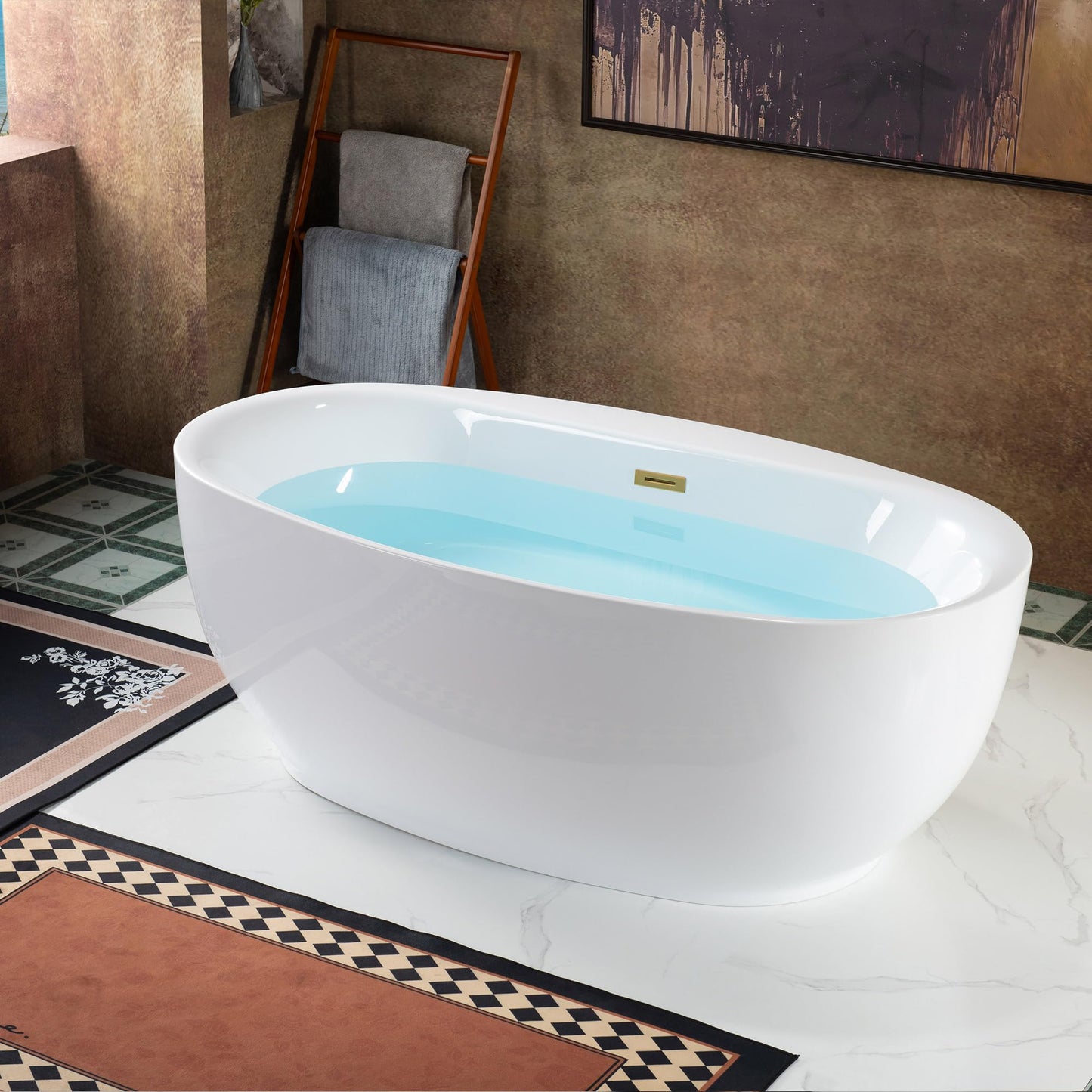 WOODBRIDGE 66" Acrylic Freestanding Bathtub Contemporary Soaking White Tub with Brushed Gold Overflow and Drain，B0027-BG
