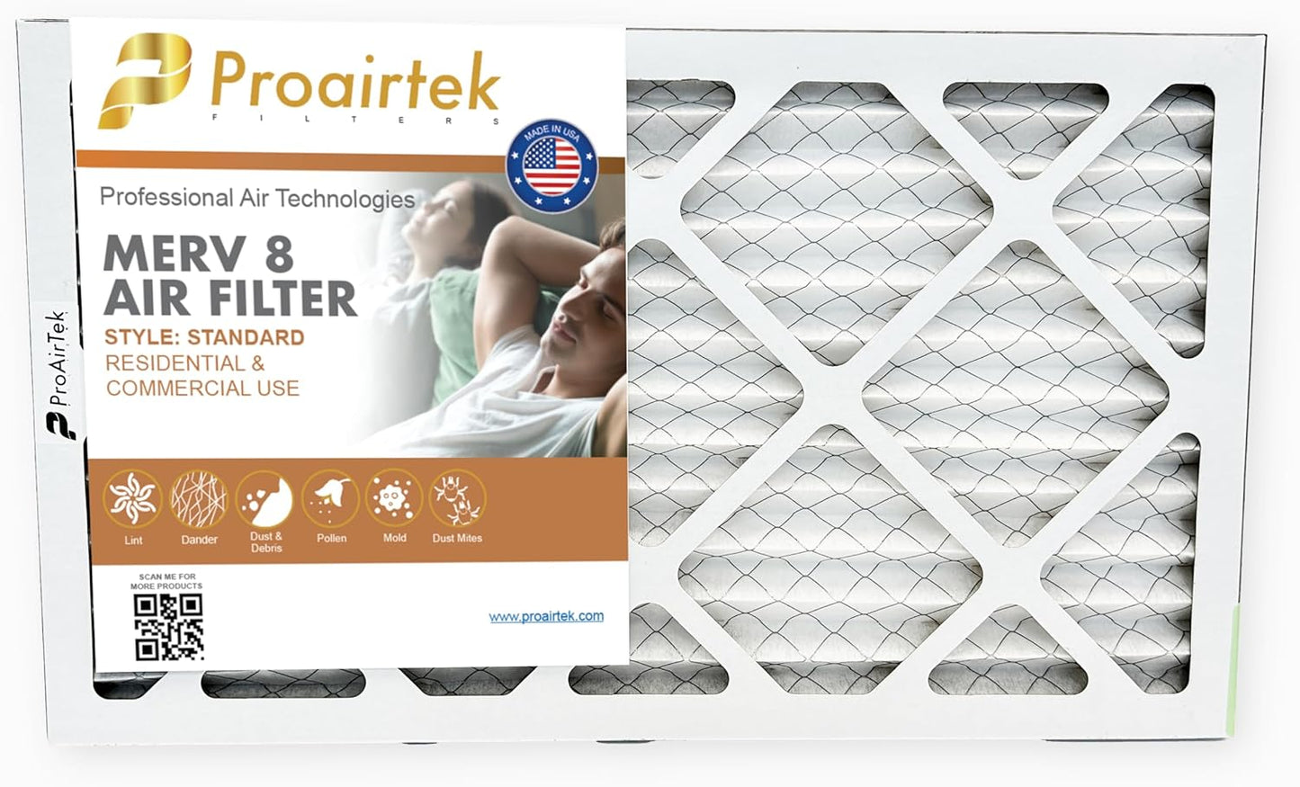 Proairtek AF12201M08SWH Model 12x20x1 Pack of 2 Air Filters, MERV 8 for Clean Air in Home