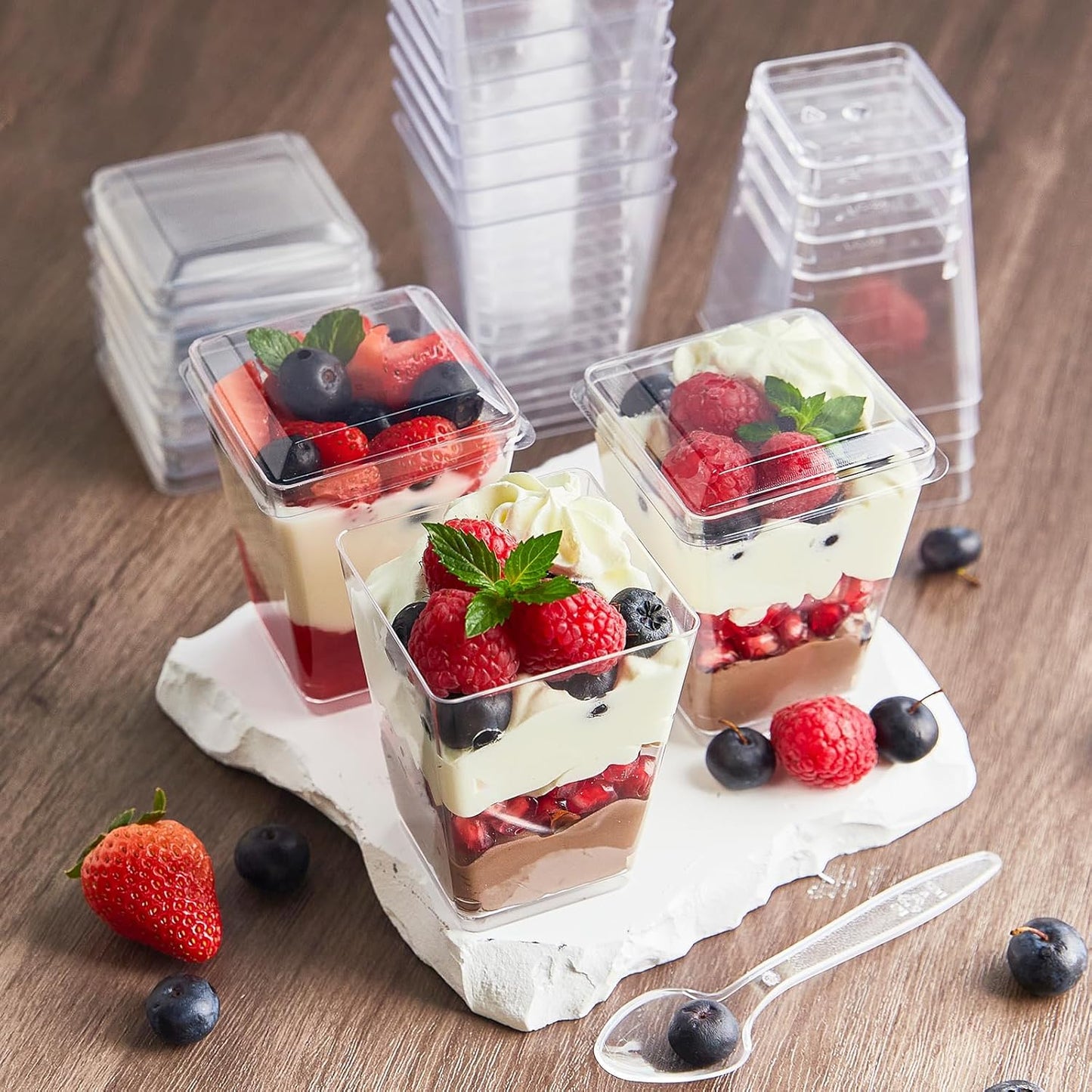 50 Pack 5 oz Kucoele Plastic Dessert Cups with Lids and Spoons, Clear Parfait Cups Pudding Cups Mini Party Serving Cups