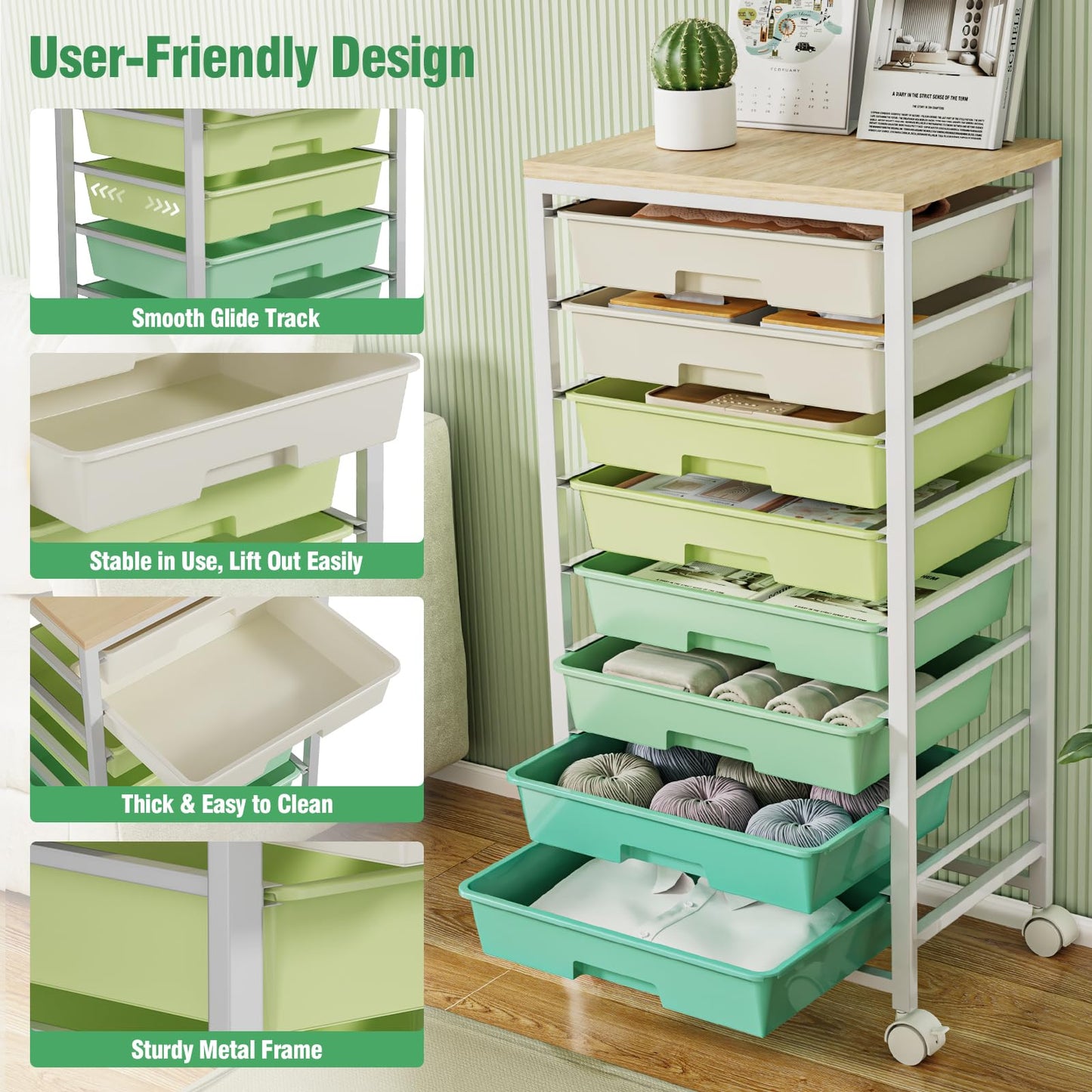 Rolling Storage Cart with 8 Drawers & Wooden Tabletop, Utility Cart On Wheels for Craft Storage, Home, School, Bedroom, Living Room, Dorm, Office, Classroom Storage Organizer Cart, Green, White
