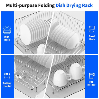 chilinii Dish Drying Rack Stainless Steel Collapsible Foldable Small Dish Rack Countertop Portable Drainer with Drying Mat for Kitchen Dorm RV Campers Travel Trailer Space Saving