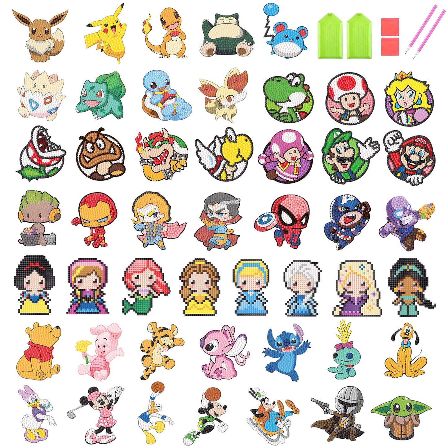 KOJEFCV 48 Pcs Cartoon Diamond Art Painting Sticker Kits for Kids-Cartoon Diamond Gem Stickers Kit,5D Gem Art Stickers Mosaic for Kids Gift for Boys Girls 4-8-10-12 Years Old