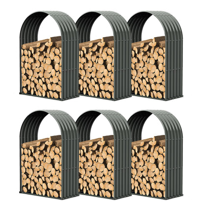 A ANLEOLIFE 6-Set Galvanized Steel Firewood Storage Rack with Weatherproof Corrugated Roof, Heavy Duty Outdoor Log Holder for Patio Porch Fire Pit, Arch Gray